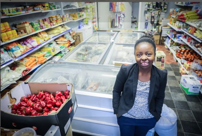 Inside Domagai World Market, shelves stocked with African and Caribbean groceries