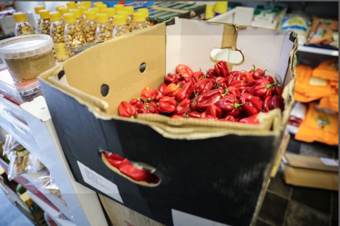 Box of fresh red peppers on display at Domagai World Market
