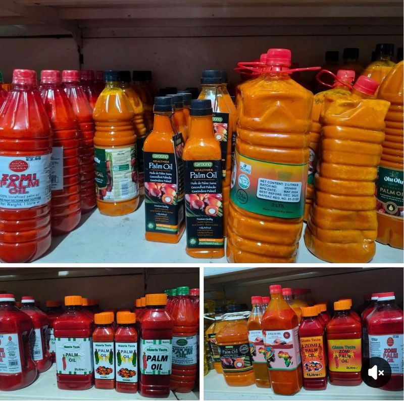 Shelf of multiple palm oil brands at Domagai World Market